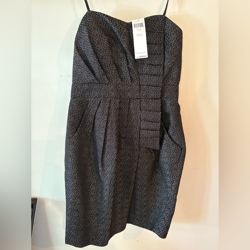 BCBGeneration Black Dress with White Dots Ruffle Trim Party NYE Holiday Party
